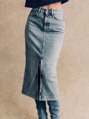 Sézane Despina Denim Midi Skirt Front Slit